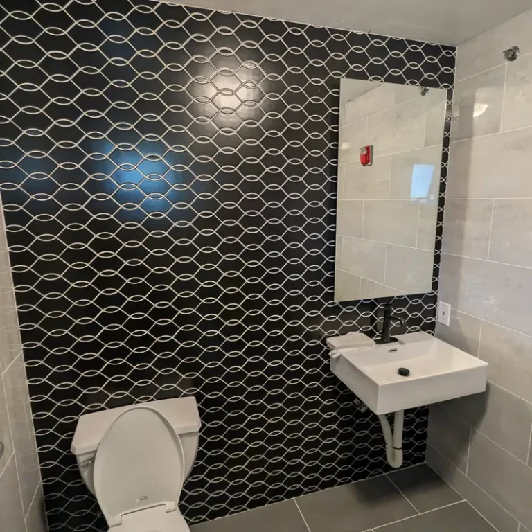 Bathroom with black geometric accent tile wall